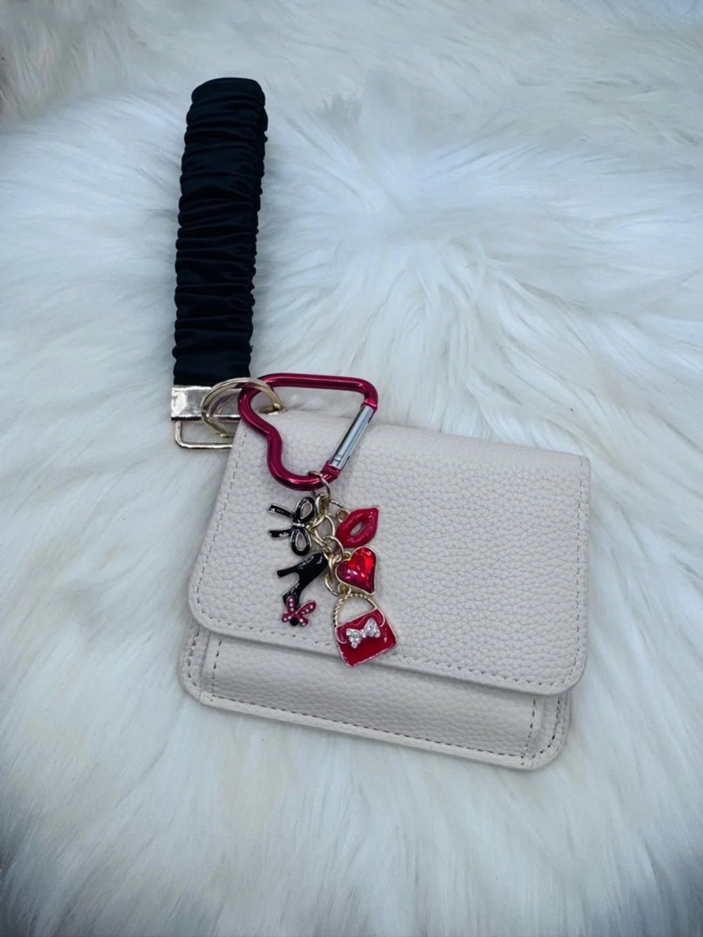 Beige Faux Leather Card Holder Wallet w/ Wristlet Strap & Charm Keychain